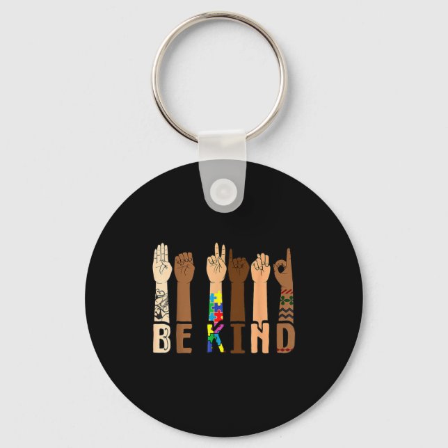 Be Kind Hand Sign Language Puzzle Autism Awareness Key Ring (Front)