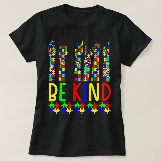 Be Kind Hand Sign Language Puzzle Autism Awareness T-Shirt (Design Front)