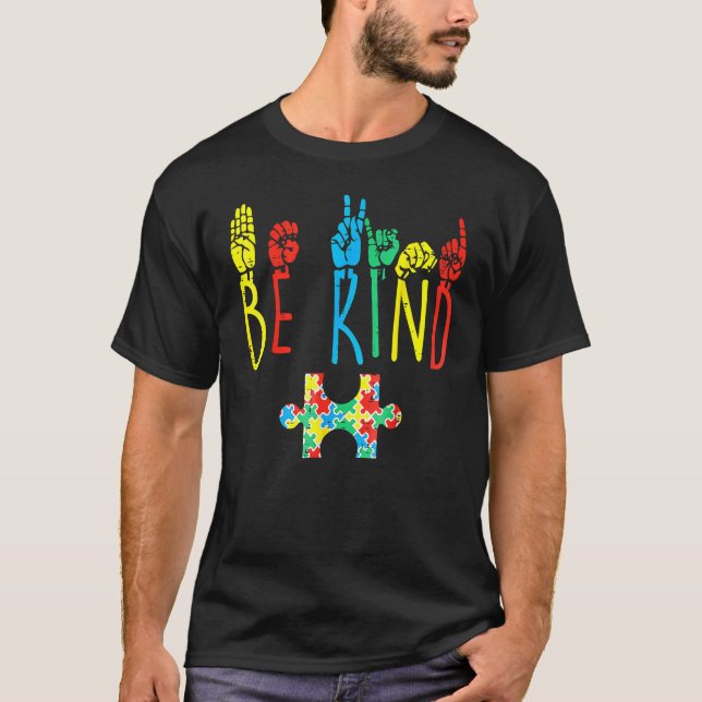 Be Kind Hand Sign Language Puzzle Autism Awareness T-Shirt (Front)