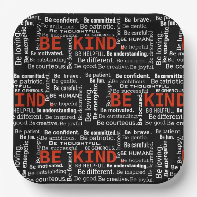 Be Kind Inspiration Text On Black Paper Plate (Front)