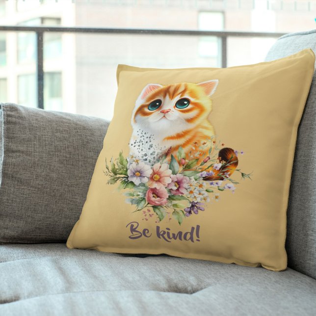 "Be Kind" Inspirational Kitten Floral Design  Cushion ("Be Kind" Inspirational Kitten Floral Design Throw Pillow)