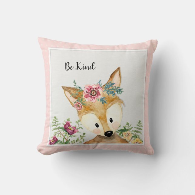 Be Kind Little Deer Watercolor Woodland Animal Art Cushion (Front)