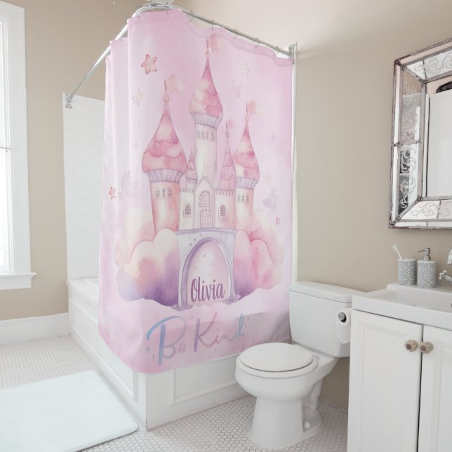 Be Kind Palace on the Pink Cloud customisable Shower Curtain (In Situ)