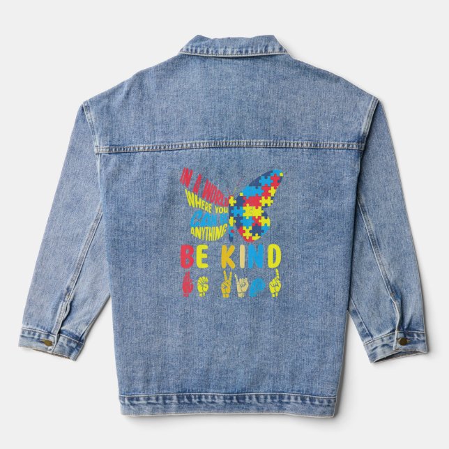 Be Kind Puzzle Sign Language Hand Talking Autism  Denim Jacket (Back)