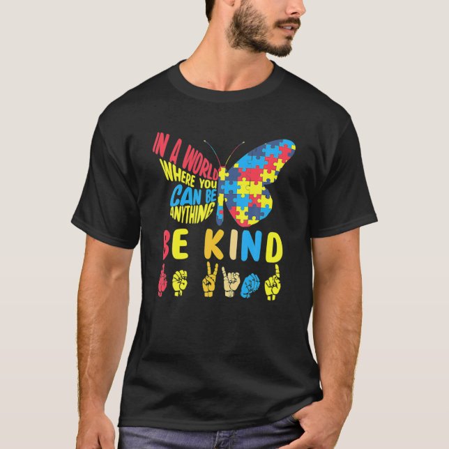 Be Kind Puzzle Sign Language Hand Talking Autism T-Shirt (Front)