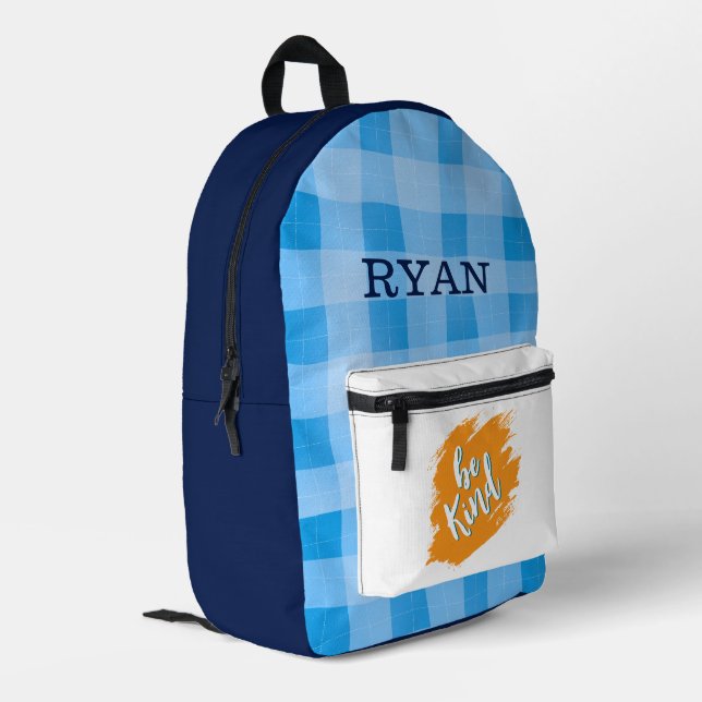 Be Kind Quote Mustard Orange Splash Blue Gingham  Printed Backpack (Back Corner Left)