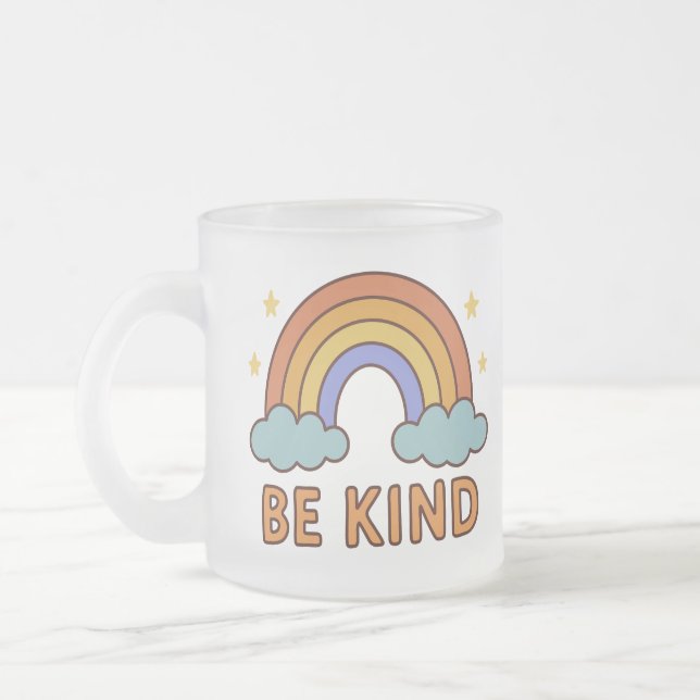 "Be Kind Rainbow – Colourful Positive Quote Design Frosted Glass Coffee Mug (Left)