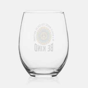 Be Kind Rainbow Flower Peace Vintage Shirt Design_ Stemless Wine Glass