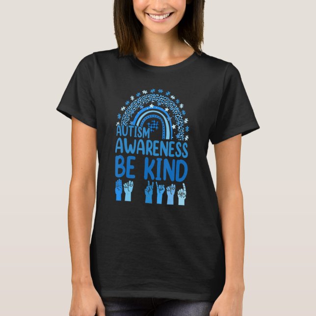 Be Kind Sign Language Leopard Rainbow Autism Aware T-Shirt (Front)