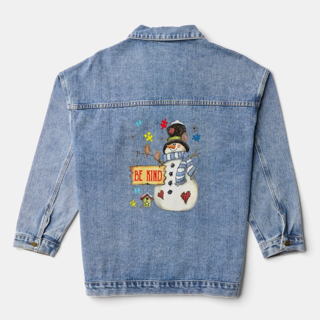 Be Kind Snowman Puzzle Autism Awareness Funny Fami Denim Jacket (Back)