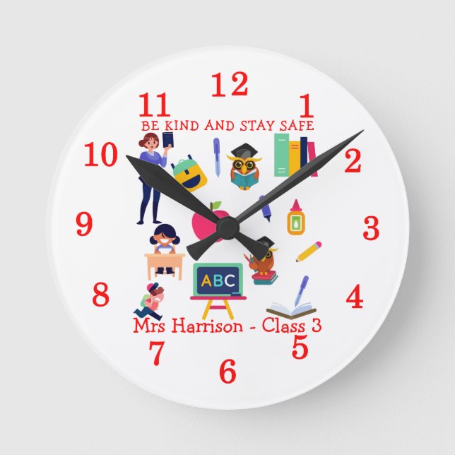 Be Kind Stay Safe School Teacher Student Graphic Round Clock (Front)