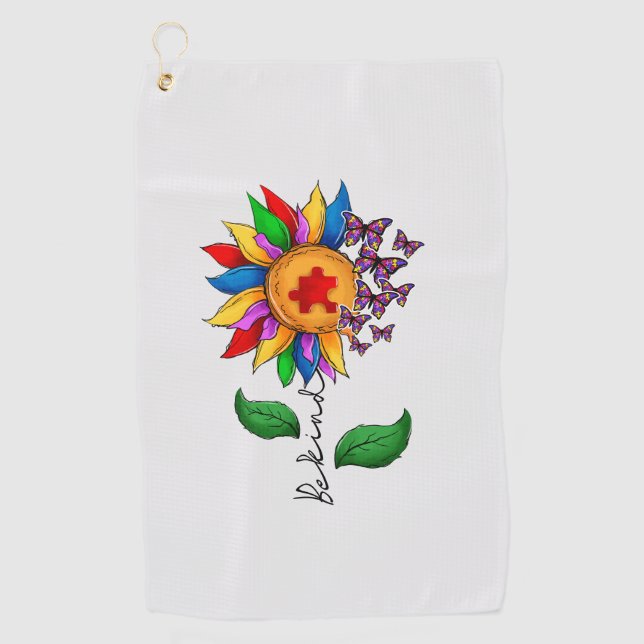Be Kind Sunflower- Autism Awareness Golf Towel (Front)