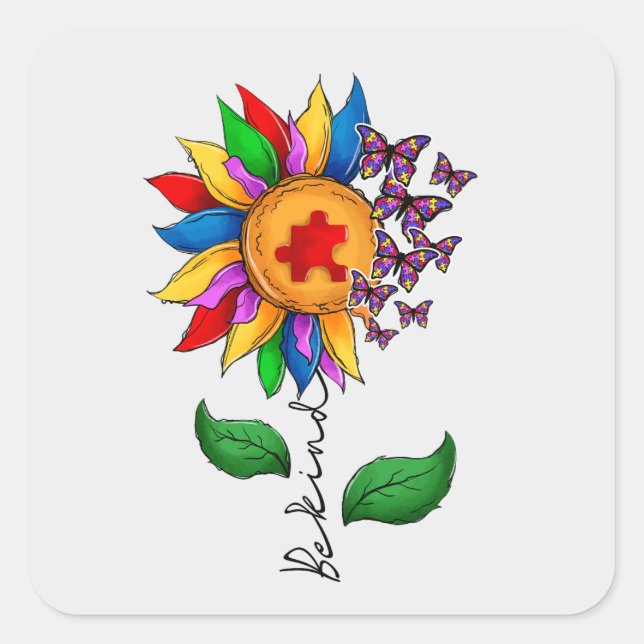 Be Kind Sunflower- Autism Awareness Square Sticker (Front)