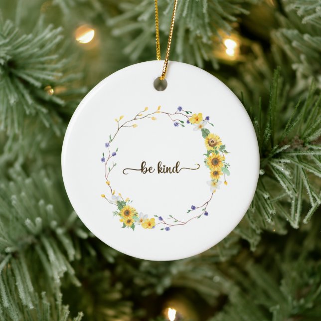 Be Kind, Sunflower Floral Botanical Wreath   Ceramic Tree Decoration (Tree)