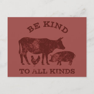 Be Kind to All Kinds Maroon Vegetarian Message Postcard
