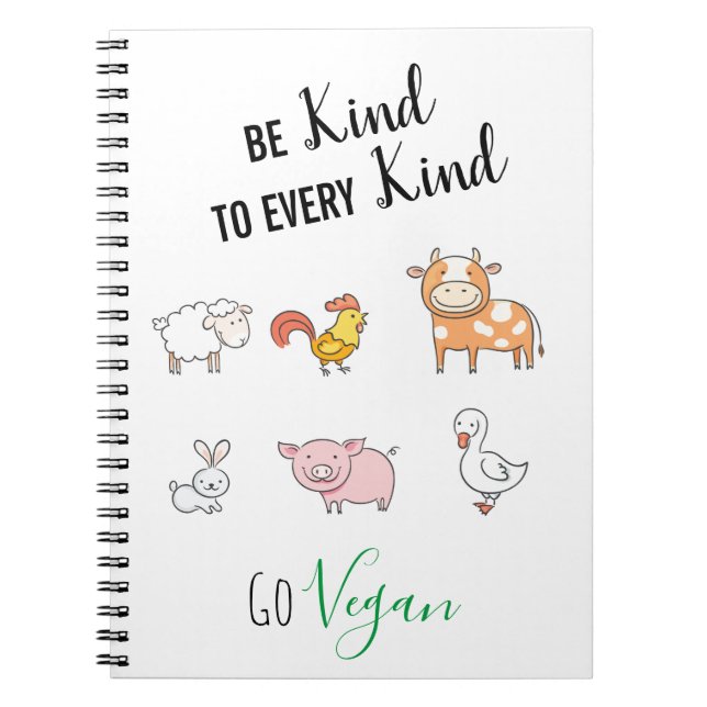 Be kind Vegan with cute cartoon farm animals Notebook (Front)