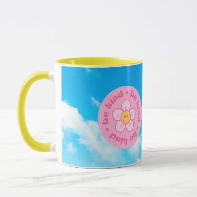 Be Kind with happy face mug yellow handle (Left)