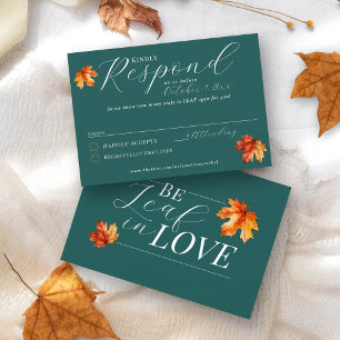 Be Leaf In Love Fall Leaves Teal Rust Wedding RSVP Card