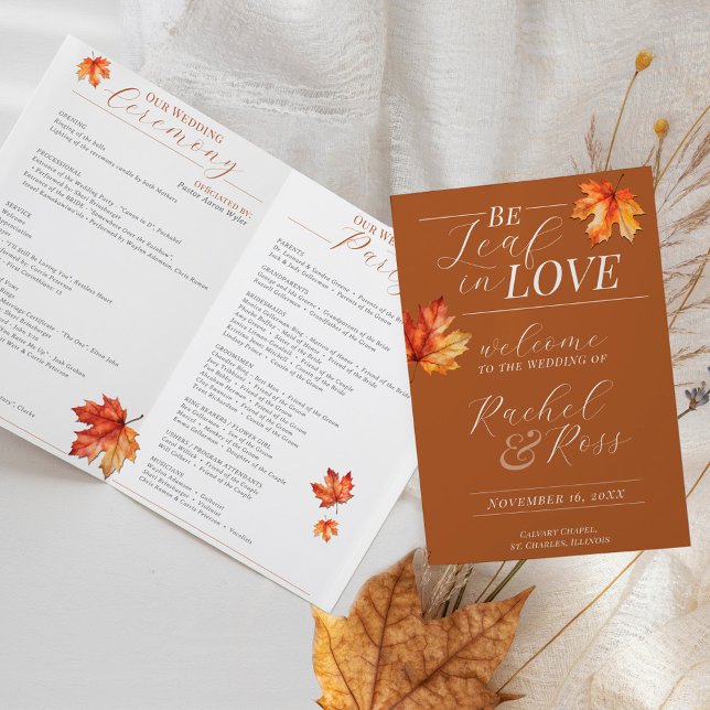 Be Leaf In Love Fall Wedding Ceremony Program (Fall Leaves Be Leaf In Love burnt orange rust terracotta Autumn wedding folded ceremony program)