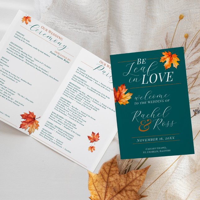 Be Leaf In Love Teal Fall Wedding Ceremony Program (Elegant fall leaves Be Leaf In Love teal rust rachel ross folded wedding ceremony program service)