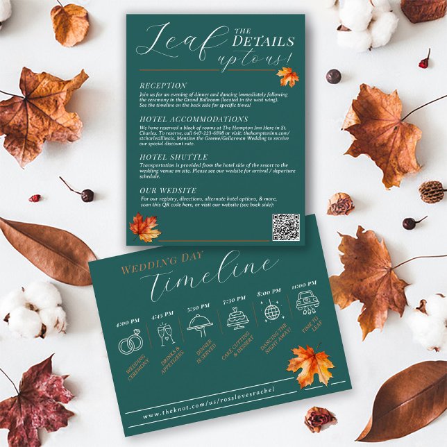 Be Leaf In Love Teal Rustic Fall Wedding Details Enclosure Card (Leaf Pun teal & rust BeLeaf in Love rustic fall leaves Autumn wedding details timeline infographic)