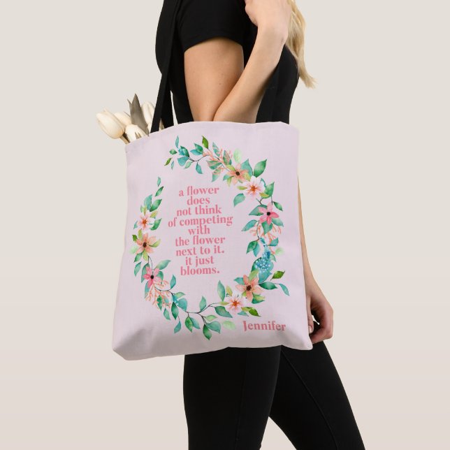 Be Like A Flower Quote Tropical Floral Wreath Tote Bag (Close Up)