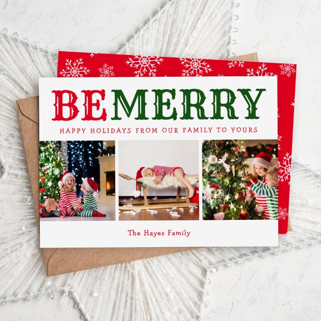 Be Merry | 3 Photo Collage Editable Colours Flat Holiday Card (Creator Uploaded)