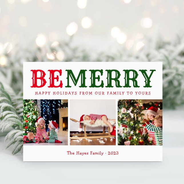 Be Merry | 3 Photo Collage Editable Colours Folded Holiday Card (Creator Uploaded)