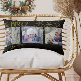 Be Merry Add your own Photos Black Gold Christmas Lumbar Cushion