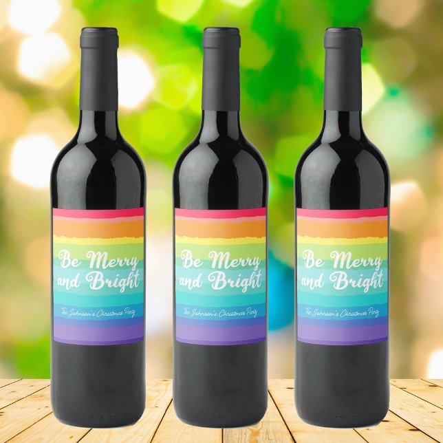 Be Merry and Bright Rainbow Custom Christmas Party Wine Label (Creator Uploaded)