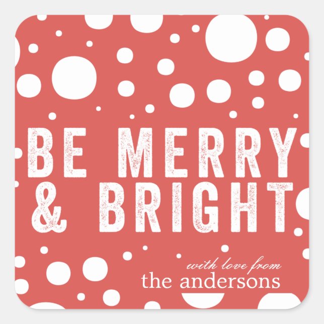 Be Merry and Bright Red Falling Snow Christmas Square Sticker (Front)
