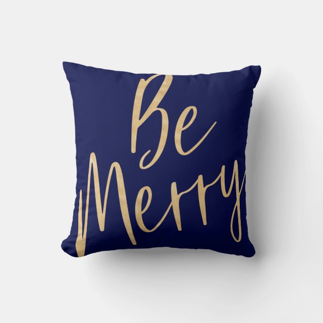 Be Merry Be Bright | Gold & Navy Blue Script Cushion (Front)