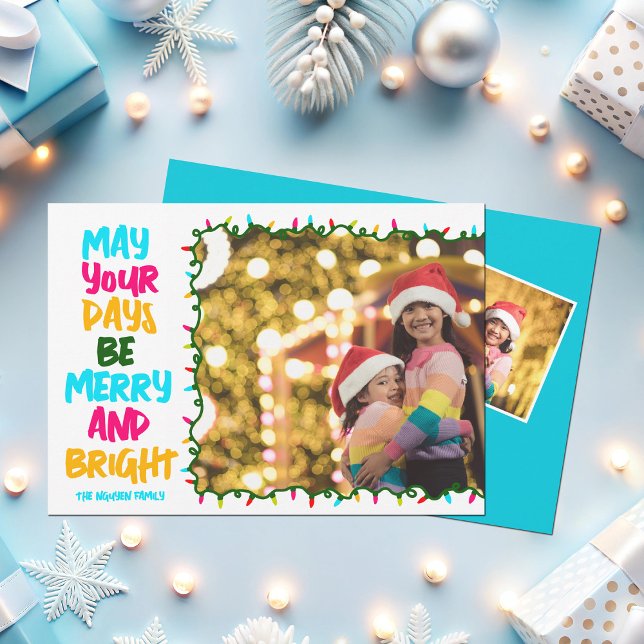 Be Merry Bright Blue Christmas Lights Photo Modern Holiday Card (Creator Uploaded)