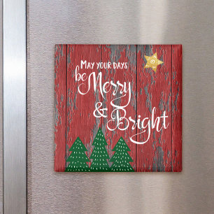 “Be Merry & Bright” Trees & Gold Star, Rustic Wood Magnet