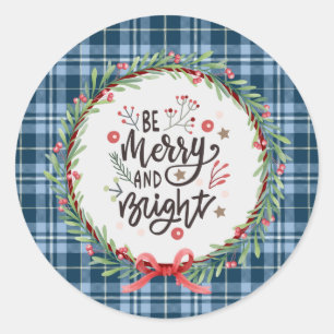 "Be Merry & Bright" Vintage Blue Gingham Plaid Classic Round Sticker