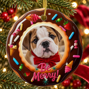 Be Merry Chocolate Doughnut Puppy Photo Ceramic Tree Decoration