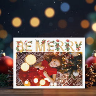 Be Merry Christmas Gold Letters Family Photo Holiday Card