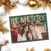 Be Merry Christmas Green Gold Letters Family Photo