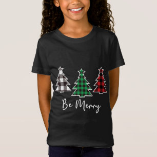 Be Merry Christmas Trees Cute Buffalo Plaid Distre T-Shirt