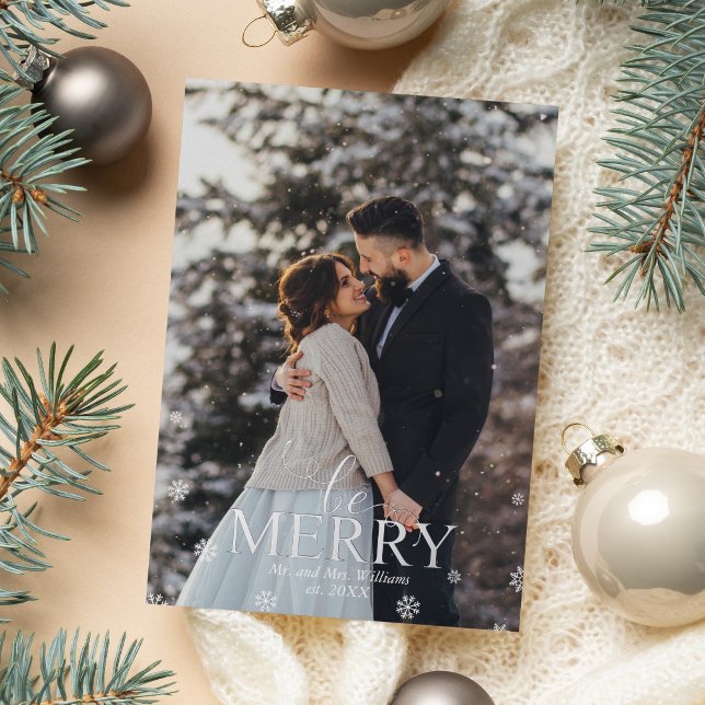 "Be Merry" Elegant Typography Photo Foil Holiday Card (Creator Uploaded)