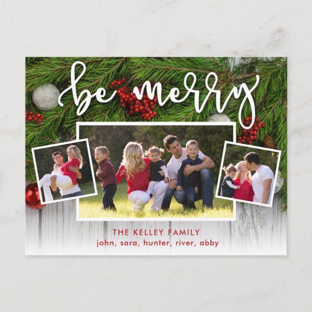 Be Merry Evergreen Three Photo Holiday Postcard (Front)