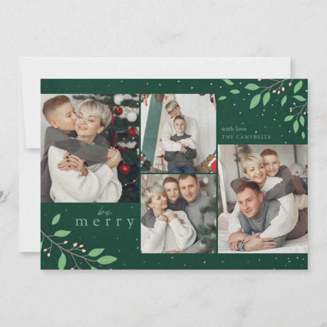 Be Merry Foliage Botanical Greenery Photo Collage Holiday Card (Front)