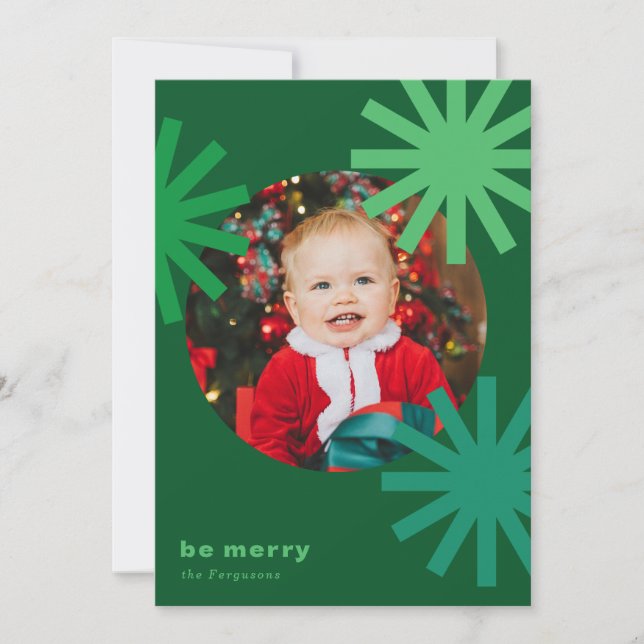 Be Merry Fun Green Pompoms Holiday Card (Front)