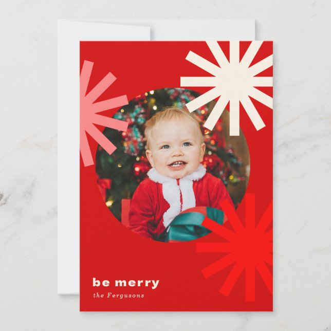 Be Merry Fun Red White Pink Pompoms Holiday Card (Front)