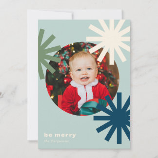 Be Merry Fun White Blue Green Pompoms Holiday Card
