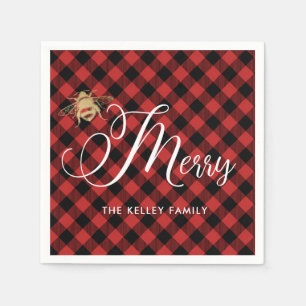 Be Merry, Gold Bee on Red Buffalo Plaid Custom Napkin
