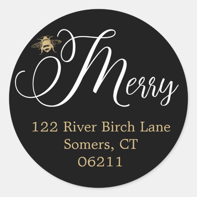 Be Merry Holiday Address Seal, Black & Gold Classic Round Sticker (Front)