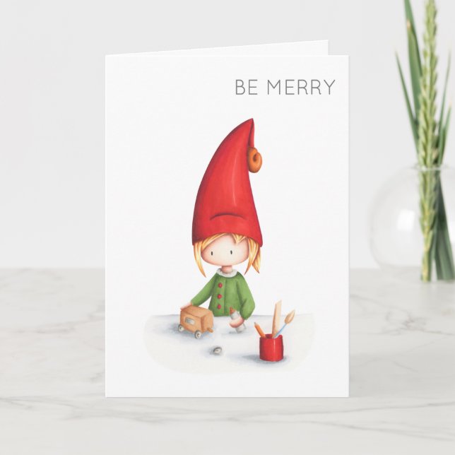 Be Merry Minimalist Elf making toys illustrated Holiday Card (Front)