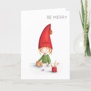Be Merry Minimalist Elf making toys illustrated Holiday Card