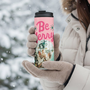 Be Merry Pink Scribble Holiday Tree Arched Photo Thermal Tumbler